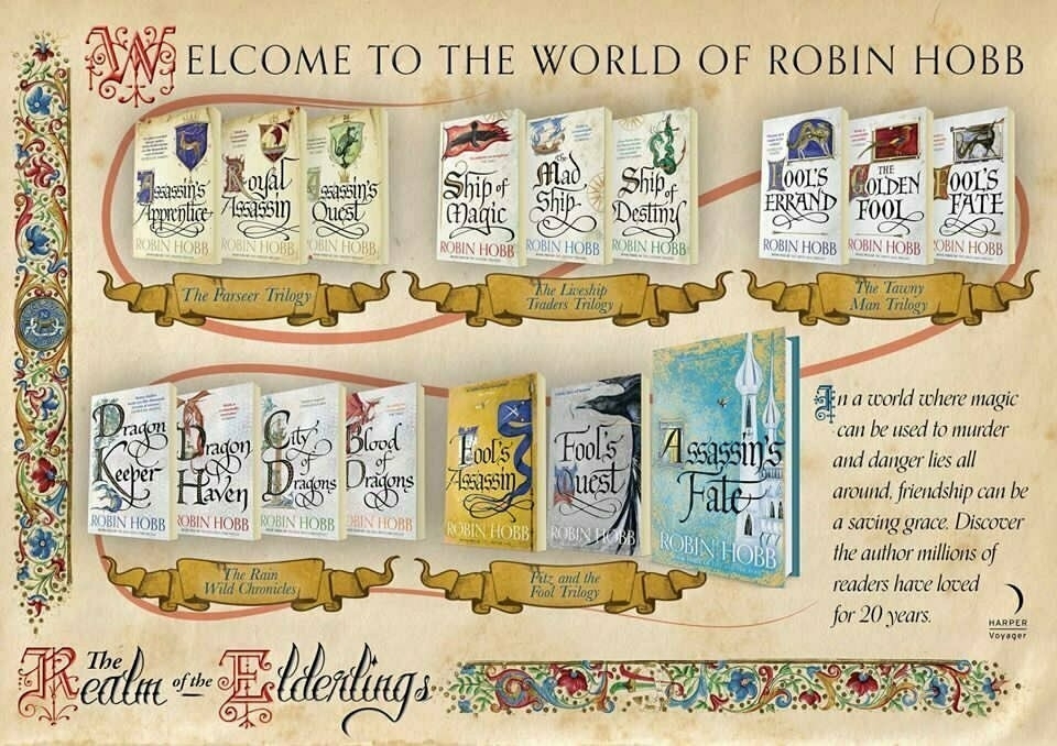 Auto-generated description: A collection of book covers from Robin Hobb’s The Realm of the Elderlings series is displayed, showcasing multiple trilogies and stories.
